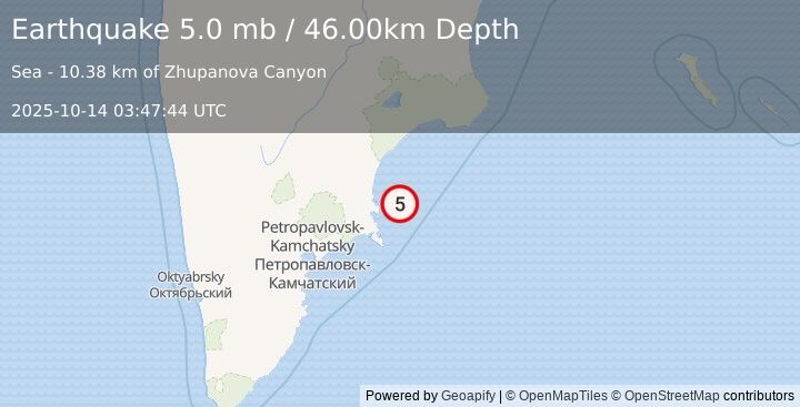 Earthquake NEAR EAST COAST OF KAMCHATKA (4.8 mb) (2025-10-14 03:47:44 UTC)