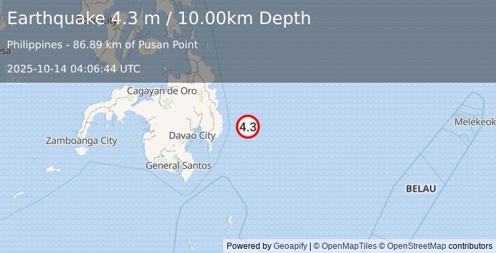 Earthquake PHILIPPINE ISLANDS REGION (4.3 m) (2025-10-14 04:06:44 UTC)