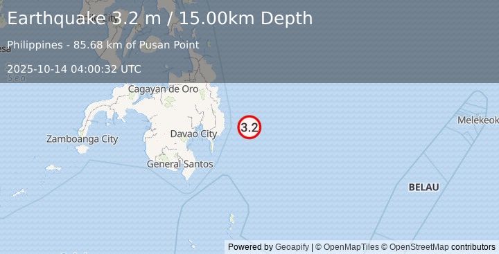 Earthquake PHILIPPINE ISLANDS REGION (3.2 m) (2025-10-14 04:00:32 UTC)
