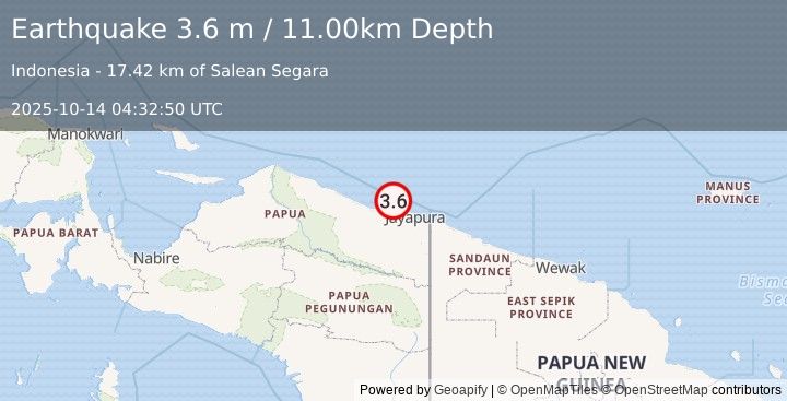 Earthquake NEAR N COAST OF PAPUA, INDONESIA (3.6 m) (2025-10-14 04:32:50 UTC)