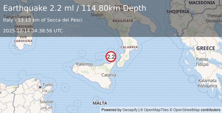 Earthquake SICILY, ITALY (2.2 ml) (2025-10-14 04:38:56 UTC)