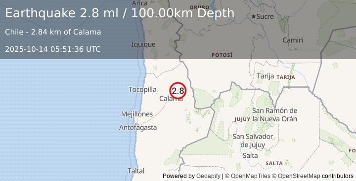 Earthquake ANTOFAGASTA, CHILE (2.8 ml) (2025-10-14 05:51:36 UTC)