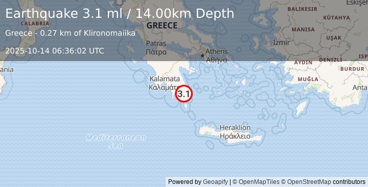 Earthquake SOUTHERN GREECE (3.1 ml) (2025-10-14 06:36:02 UTC)