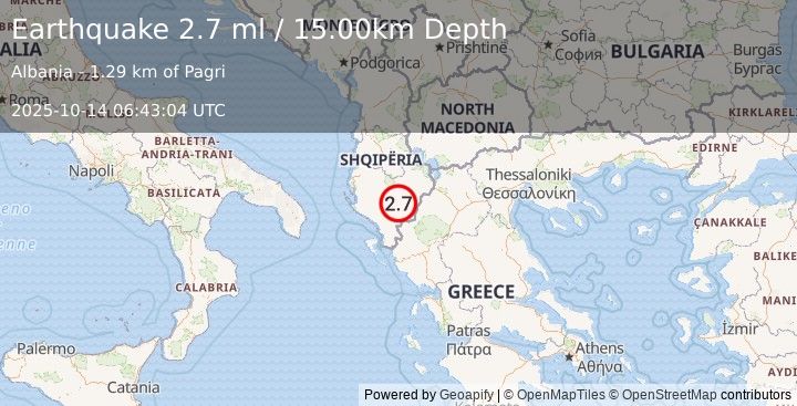 Earthquake ALBANIA (2.7 ml) (2025-10-14 06:43:04 UTC)