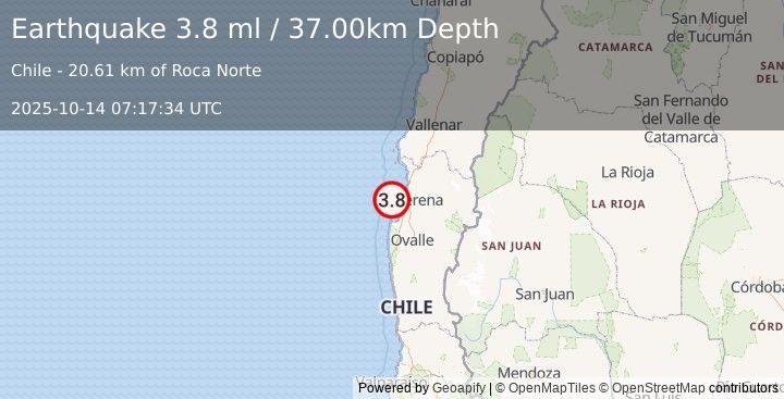 Earthquake OFFSHORE COQUIMBO, CHILE (4.0 ml) (2025-10-14 07:17:32 UTC)