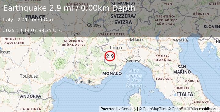 Earthquake NORTHERN ITALY (2.8 ml) (2025-10-14 07:33:34 UTC)