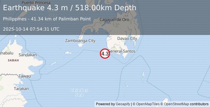 Earthquake CELEBES SEA (4.3 m) (2025-10-14 07:54:31 UTC)