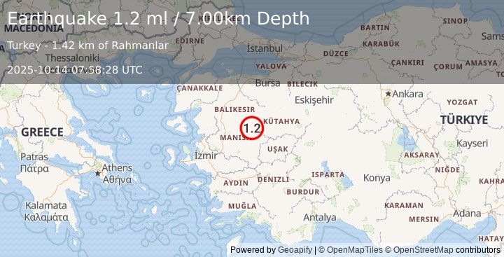Earthquake WESTERN TURKEY (1.2 ml) (2025-10-14 07:58:28 UTC)