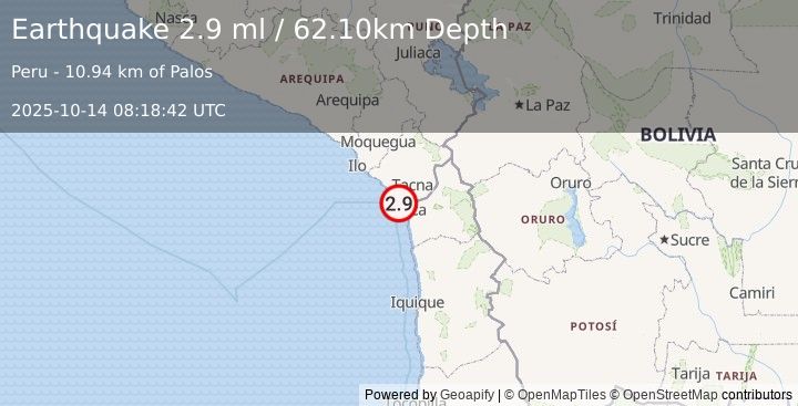Earthquake OFFSHORE TARAPACA, CHILE (2.9 ml) (2025-10-14 08:18:42 UTC)