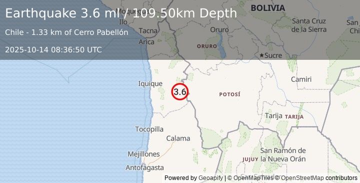 Earthquake TARAPACA, CHILE (3.6 ml) (2025-10-14 08:36:50 UTC)