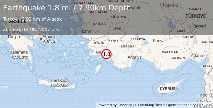 Earthquake WESTERN TURKEY (1.8 ml) (2025-10-14 08:43:47 UTC)