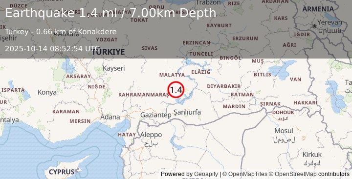 Earthquake EASTERN TURKEY (1.4 ml) (2025-10-14 08:52:54 UTC)