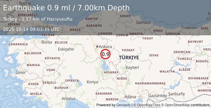 Earthquake CENTRAL TURKEY (0.9 ml) (2025-10-14 09:03:35 UTC)