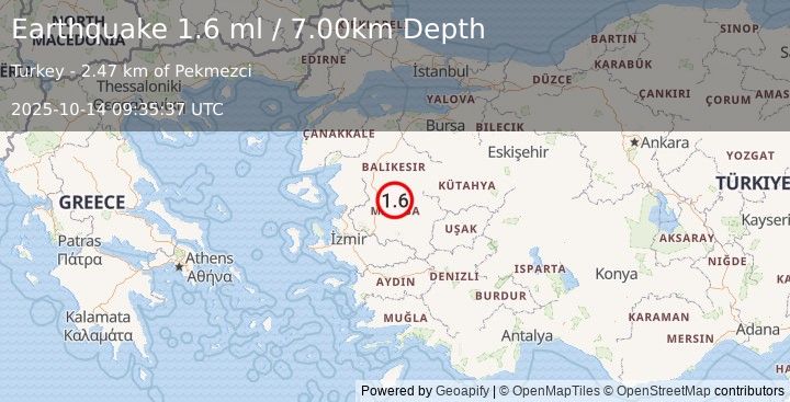 Earthquake WESTERN TURKEY (1.6 ml) (2025-10-14 09:35:37 UTC)