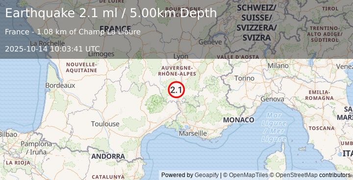Earthquake FRANCE (2.1 ml) (2025-10-14 10:03:41 UTC)