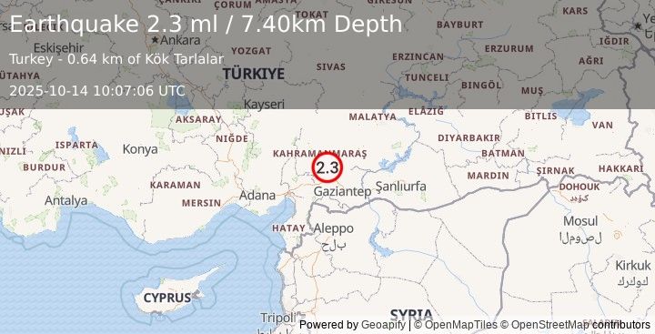 Earthquake CENTRAL TURKEY (2.2 ml) (2025-10-14 10:07:07 UTC)
