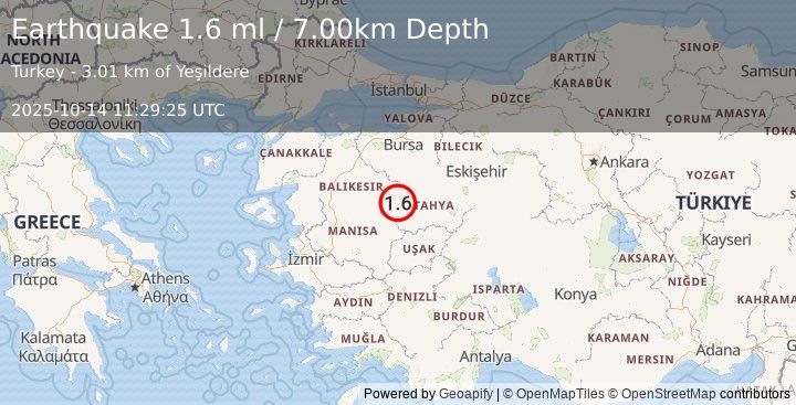 Earthquake WESTERN TURKEY (1.6 ml) (2025-10-14 11:29:25 UTC)