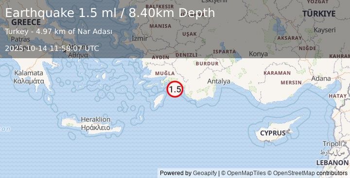 Earthquake DODECANESE IS.-TURKEY BORDER REG (1.5 ml) (2025-10-14 11:58:07 UTC)