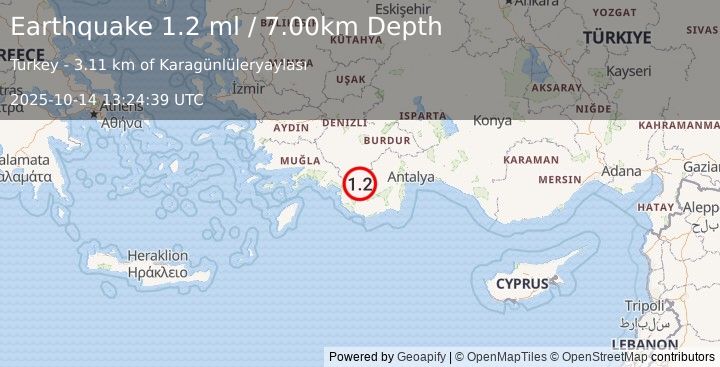 Earthquake WESTERN TURKEY (1.2 ml) (2025-10-14 13:24:39 UTC)