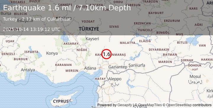 Earthquake CENTRAL TURKEY (1.6 ml) (2025-10-14 13:19:12 UTC)