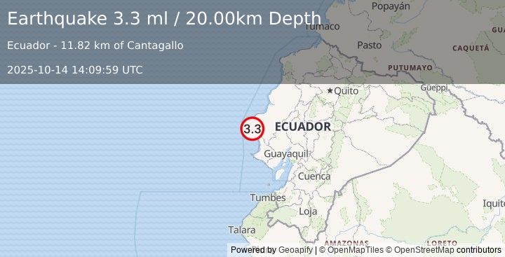 Earthquake NEAR COAST OF ECUADOR (3.3 ml) (2025-10-14 14:09:59 UTC)