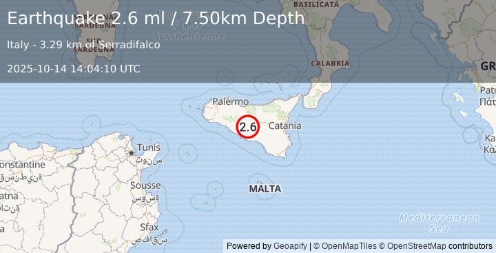 Earthquake SICILY, ITALY (2.6 ml) (2025-10-14 14:04:10 UTC)