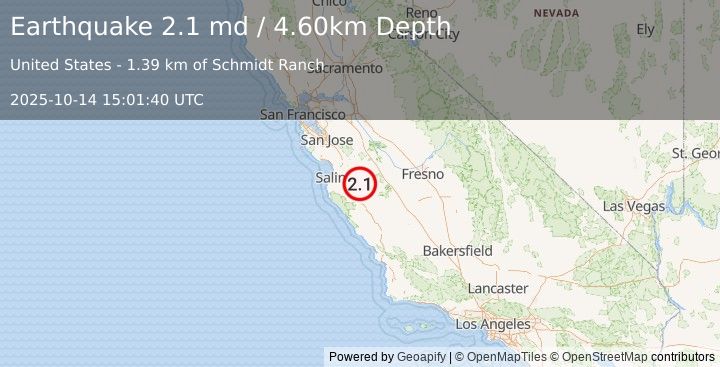 Earthquake CENTRAL CALIFORNIA (2.1 md) (2025-10-14 15:01:40 UTC)