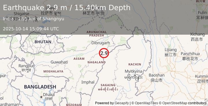 Earthquake MYANMAR-INDIA BORDER REGION (2.9 m) (2025-10-14 15:09:43 UTC)