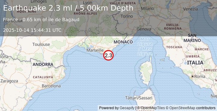 Earthquake NEAR SOUTH COAST OF FRANCE (2.2 ml) (2025-10-14 15:44:29 UTC)