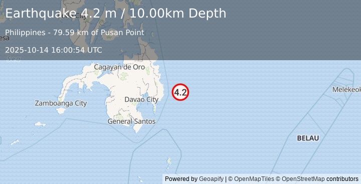 Earthquake PHILIPPINE ISLANDS REGION (4.2 m) (2025-10-14 16:00:58 UTC)