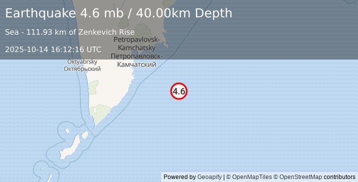Earthquake OFF EAST COAST OF KAMCHATKA (4.6 mb) (2025-10-14 16:12:16 UTC)