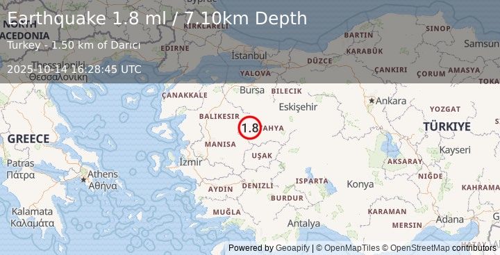 Earthquake WESTERN TURKEY (1.8 ml) (2025-10-14 16:28:44 UTC)