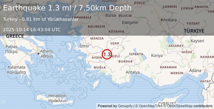 Earthquake WESTERN TURKEY (1.3 ml) (2025-10-14 16:43:04 UTC)