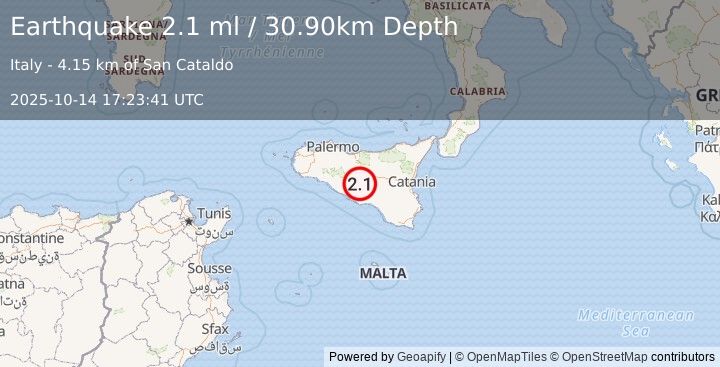 Earthquake SICILY, ITALY (2.1 ml) (2025-10-14 17:23:41 UTC)