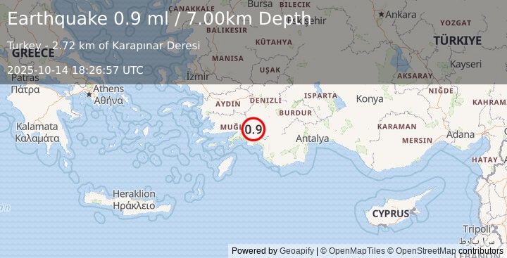 Earthquake WESTERN TURKEY (0.9 ml) (2025-10-14 18:26:57 UTC)