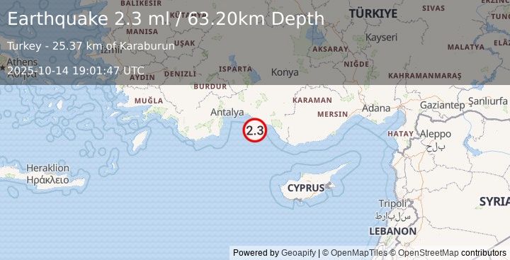 Earthquake WESTERN TURKEY (2.3 ml) (2025-10-14 19:01:47 UTC)