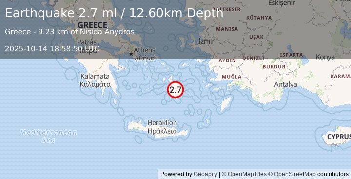 Earthquake DODECANESE ISLANDS, GREECE (2.7 ml) (2025-10-14 18:58:50 UTC)