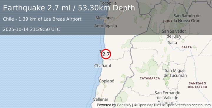 Earthquake ANTOFAGASTA, CHILE (2.7 ml) (2025-10-14 21:29:50 UTC)