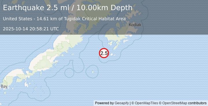 Earthquake KODIAK ISLAND REGION, ALASKA (2.5 ml) (2025-10-14 20:58:21 UTC)