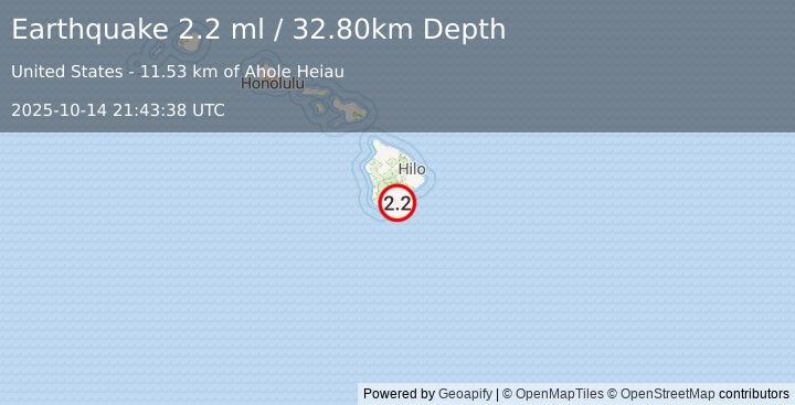 Earthquake ISLAND OF HAWAII, HAWAII (2.2 ml) (2025-10-14 21:43:38 UTC)