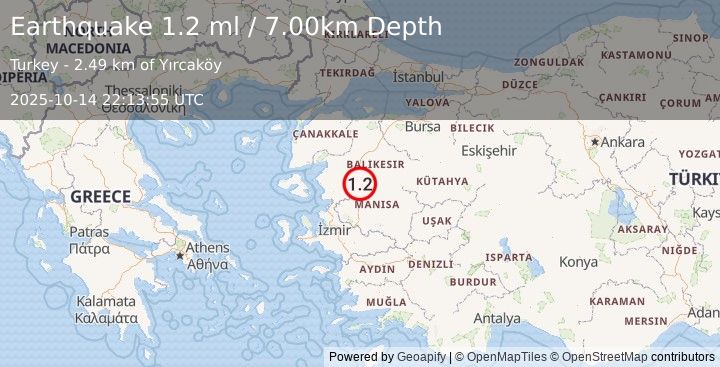 Earthquake WESTERN TURKEY (1.2 ml) (2025-10-14 22:13:55 UTC)