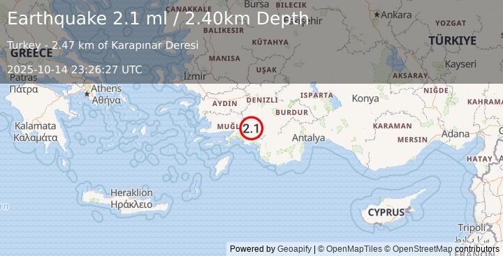 Earthquake WESTERN TURKEY (2.1 ml) (2025-10-14 23:26:27 UTC)