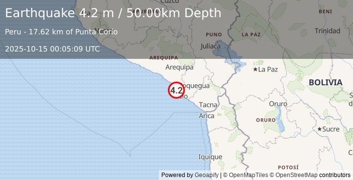 Earthquake NEAR COAST OF SOUTHERN PERU (4.2 m) (2025-10-15 00:05:09 UTC)