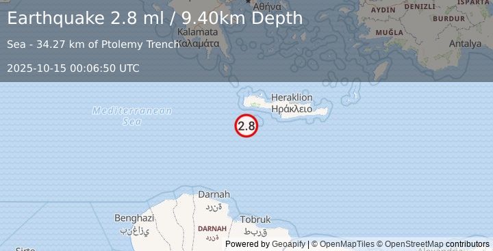 Earthquake CRETE, GREECE (2.8 ml) (2025-10-15 00:06:50 UTC)