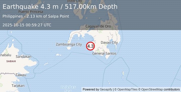Earthquake MORO GULF, MINDANAO, PHILIPPINES (4.3 m) (2025-10-15 00:59:27 UTC)