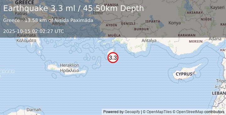 Earthquake EASTERN MEDITERRANEAN SEA (3.3 ml) (2025-10-15 02:02:27 UTC)