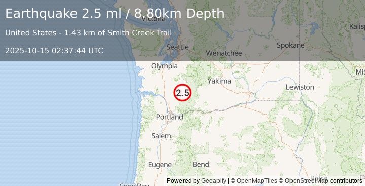 Earthquake MT. ST. HELENS AREA, WASHINGTON (2.5 ml) (2025-10-15 02:37:44 UTC)