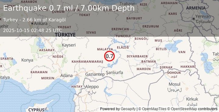 Earthquake EASTERN TURKEY (0.7 ml) (2025-10-15 02:48:25 UTC)