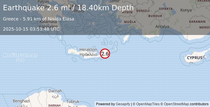 Earthquake CRETE, GREECE (2.6 ml) (2025-10-15 03:53:48 UTC)