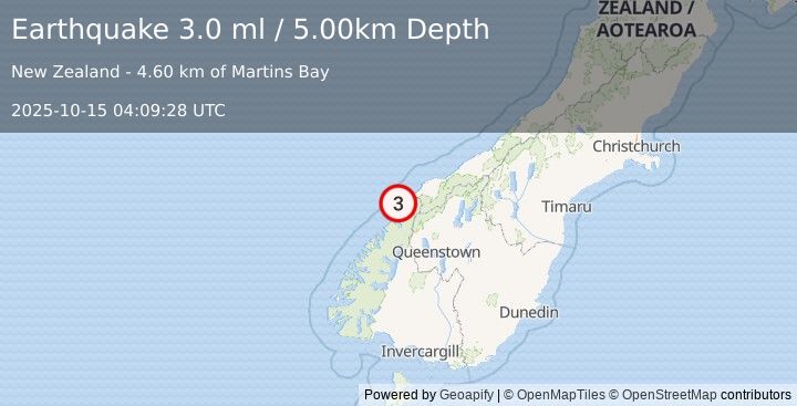 Earthquake SOUTH ISLAND OF NEW ZEALAND (3.0 ml) (2025-10-15 04:09:28 UTC)